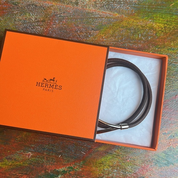 Hermes Hook Bracelet Jumbo Metal Logo Silver Color Brown Leather Chocker 15" - Picture 5 of 13